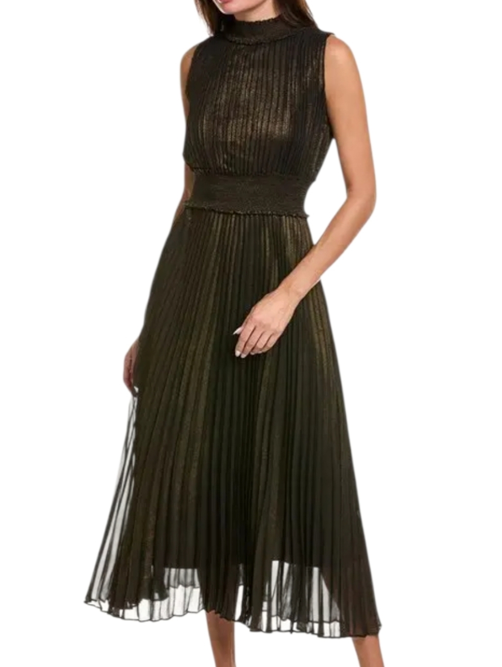 Nanette Lepore Black Bronze Metallic Pleated Midi Dress 6 Wedding Guest Cocktail